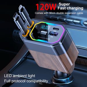 【MY Stock】100W Car Charger Quick Charging 4in1 USB Type C Scalable Car Phone Charge For iPhone charger power adapter