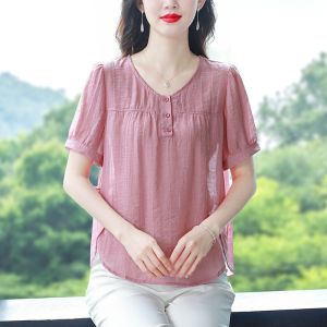 Classy Tencel Cotton and Linen Shirt Womens Short-Sleeved Summer New Arrival Mothers Shirt Loose Slimming Belly-Covering Linen Tops