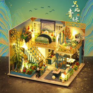 Mô hình đồ chơi trí DIY Nhà búp bê thủ công tự làm lấy bằng gỗ phong cách kiến trúc Trung Quốc cổ đại Một Màu Xanh Biếc
