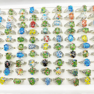 20pcs/Lot Factory Mix Colors Glaze Stone Finger Rings for Women Fashion Blue Flower Oval Green Crystal Stone Jewelry Girls Party
