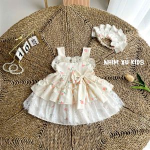 (4-18kg) Váy Lolita Hoa Nhí Hồng NHÍM XÙ KIDS Cho Bé Gái Sơ Sinh Thôi Nôi V111