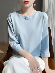 Pure Cotton Three-quarter Sleeve round Neck T-shirt Womens Spring Summer New Style Loose Fit Short Base Shirt Korean Style