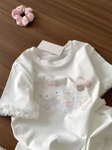 Sweet Japanese Style Lace Splice Short Sleeve T-Shirt Womens Loose Cotton Summer Top Fashionable Casual Commute Wear