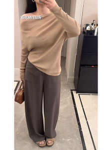 Slimming Knitted Top for Plump Women Shoulder Bared Thin Bottoming Shirt Versatile Base Layer Long Sleeve Commute Style Pure Color