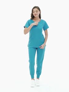 【OFFICIAL】NiaaHinn Fashion Women Elastic Wrinkle Resistant Breathable Scrub Suit Set Doctor Nurse Uniform【Zipper Collar Top + Jogger Pants】