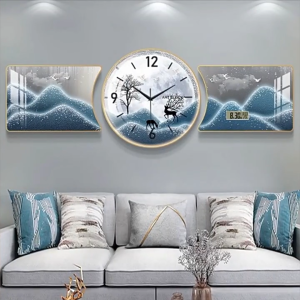 Wabi-sabi style stone Good Luck living room decorative painting high-end and classy sofa background wall clock painting simple three-piece wall art