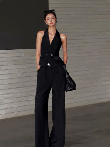 Korean Elegant Black Suit Vest Wide Leg Pants Set Women Summer Fashion Mature Style Two Piece Cotton Button up V Neck Ensemble