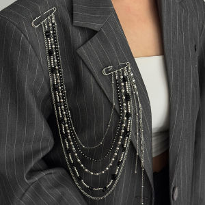 Ingemark | Ingemark Personality Black Stone Crystal Beads Long Brooches Women Vintage Multi-layer Tassel Chain Shirt Suit Collar Pin Clip
