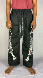 Celana Komprang Hitam Panjang Motif Macan Putih Bordir Pakaian Bela Diri Premium