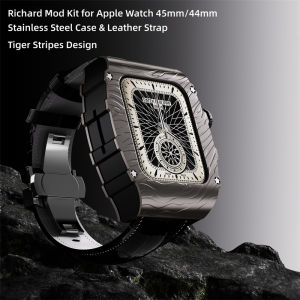 Tiger Stripes Stainless Steel Case with Leather Strap Kit for Apple Watch 45mm/44mm Luxury Richard RM Mod Kit for Apple Watch Series 8 7 SE 6 5 4（Not Watch）