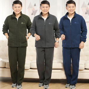 Autumn Winter Thickened Fleece Lined Loose Mens Set Polyester Long Sleeve Casual Sportswear for Middle-Aged And Elderly
