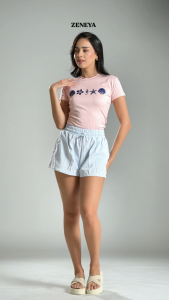Zeneya Coastal Vibes Printed Slim Fit Short Sleeve Soft Cozy Tee Round Neck Women Casual Top Shirt