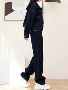 FIGHT FISH | ชุดแจ็คเก็ตยีนส์สีน้ำเงินเข้ม ชุดกางเกงขากว้างสไตล์อเมริกันย้อนยุค ฤดูใบไม้ร่วง/ฤดูหนาว ชุดสองชิ้น แฟชั่นผู้หญิง