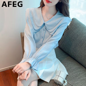 AFEG New Korean Doll Collar Fashion Loose Versatile Chiffon Long Sleeve Blouse for women