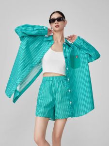 XIAODADEHUA | Striped Open Back Long Sleeve Shirt and Shorts Set