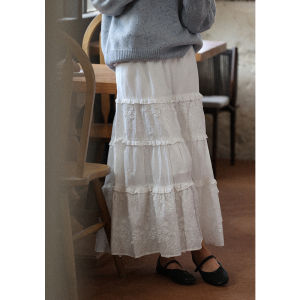 Spring 2024 Casual A-Line Womens Skirt Design Sense Floral Embroidery White Half-length Long Dress Elegant Natural Waist Cotton 100%