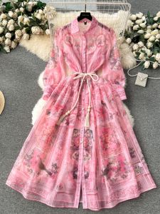 European Style Court Style Dress for Women Spring Stylish Retro Print Silm Long Fancy Elegant Dress Women