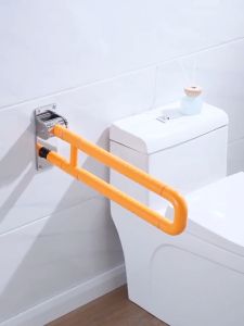 Elegant Stainless Steel Wall-Mounted Toilet Safety Rail with Non-Slip Grip and 90° Folding Storage Grab
