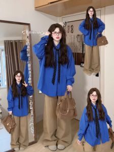 Early Spring Summer 2025 New Klein Blue Shirt Jacket Womens French High-End Feel Long Sleeve Inner Wear Casual Loose Fit Cotton Polo Collar