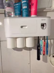 Bộ nhã kem đánh răng tự động OENON Kệ để đồ phòng tắm cao cấp dán tường kèm 4 cốc hút nam châm