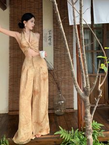 Travel Photography Design Womens Two-Piece Set Summer New Sleeveless Neck Hanging Top Wide Leg Floor-Length Pants