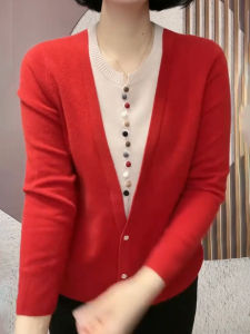 SUOXIMENG | Large Size Red Color Block Knitted Top Womens Fashion Trend Vintage Ageless Autumn New Style Button Design Commute Style