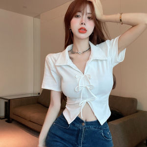 Pure Sweet and Spicy Bows Polo Collar Short Sleeve T-shirt Womens Summer Stylish Niche Style French Short Shoulder Tops