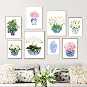 Blue and White China Magnolia Hydrangea Prints Chinoiserie Art Canvas Painting Gallery Wall Art Picture Poster Trendy Wall Decor