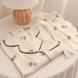 Summer Thin Ice Silk Short Sleeve Sleepwear Womens Sweet Style Home Clothes Set Comfortable Breathable Silk Simulation Fabric