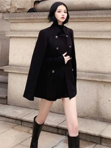 Korean Style Black Cloak Coat Womens Spring New Loose Stand Collar Woolen Overcoat Medium Length Double Breasted Button