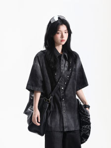 zuocisankon | Design Aged Washed Turn-down Collar Street Style Short Sleeve Denim Shirt