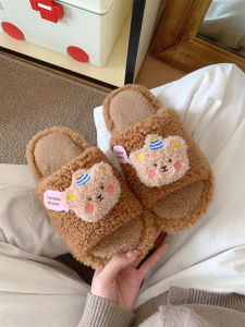 Winter Home Slippers Womens Soft Bottom Anti-Slip Comfortable Warm Cotton Slippers Cute Cartoon Bear Fur Slippers