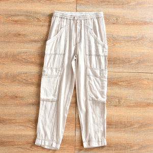 Cotton Linen Blend Mens Summer Outdoor Workwear Loose Fit Elastic Waist Straight Leg Long Pants Breathable Comfortable Casual Trousers