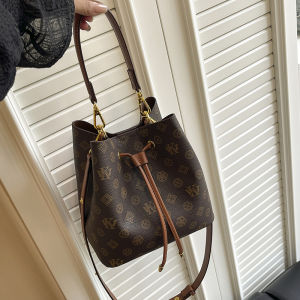 Classic Vintage Monogram Bucket Crossbody Bag Trendy Versatile Drawstring Shoulder Bag with Leather Trim & Gold Hardware