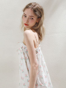 XEXZ | ชุดนอนผู้หญิงแขนกุดคอวีพิมพ์ลายดอกไม้คอตตอนแท้ กระโปรงยาวปานกลาง ชุดนอนสบายๆ สำหรับใส่อยู่บ้าน