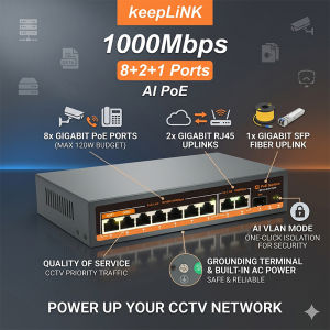KeepLiNK 11-Port Gigabit AI PoE Switch 8 PoE 2 RJ45 1 SFP 1G Uplink 120W Unmanaged Network Switch for CCTV