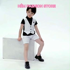 Quần áo bé trai  đồ bộ thời trang giả vest chất vải mềm mịn thoáng mát an toàn cho da bé -  Mã hot H64