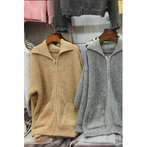 YUEZHONGWEI | French Style Lazy Fashion Grey Zippered Cardigan Sweater