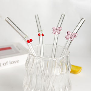 Cute Cartoon Glass Straw Reusable Bendy Design Cherry/bow Shape Perfect for Smoothies Milk Tea Juice Parties Gifts
