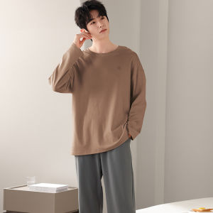 Herbal Color Cotton Round Neck Mens Pajama Set Long Sleeve and Pants