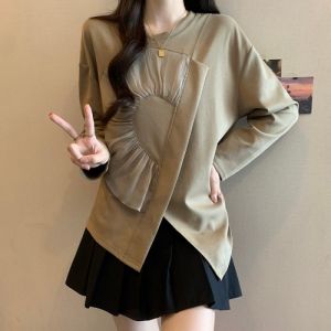 Plus Size Plus Size Ladies Stylish Three-Dimensional Flower Ruched Design Pullover Sweatshirt Female Early Autumn Loose Casual Top Tummy Hiding Fat Hiding