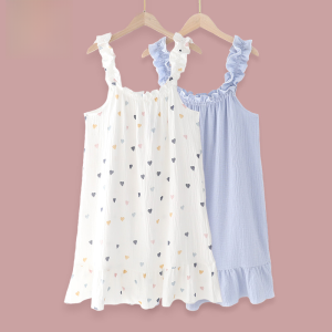 INS Style Young Adult Summer Thin Pure Cotton Gauze Cotton Sweet Pure Color Lace Sleeveless Midi Dress Suspender Skirt Home Wear Nightdress