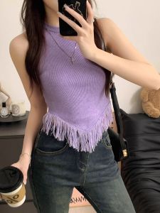 French Style Knitted Vest Women Summer Sleeveless Base Layer Shirt Design Sense No Sleeve Outerwear Top Tassel Trim Short Length Solid Color