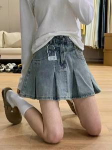 High Waist A-Line Pleated Mini Skirt Womens Denim Half-length Conceal Hip Pear Shape Slimming Skirts Korean Style Commute