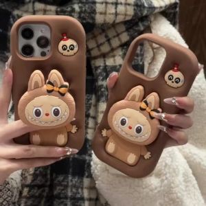 3D telescopic bracket cute cartoon labubu silicone case for iPhone 16 15 14 13 12 11 Pro Max Soft silicone animal anti fall cover casing for iPhone16 case
