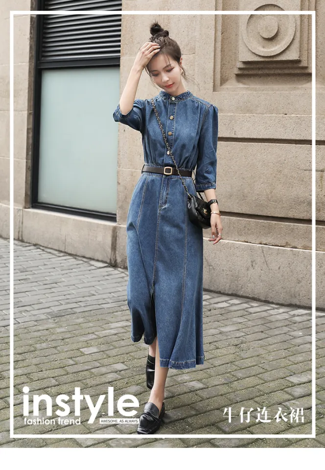 Spring Autumn Denim Dresses For Women Blue Long Sleeve Knee-length