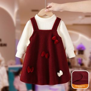 Girls Winter Dress Set Fleece Lined Bib Skirt New Year Celebration Outfit Korean Style Cotton Long Sleeve Butterfly Knot Dress