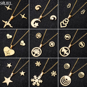Classic Heartbeat Necklace Earrings for Women Fashion Star Moon Stainless Steel Jewelry Sets Snowflake Ear Studs Xmas Gifts