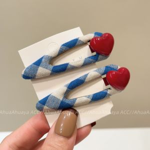 Korean Style Blue White Plaid Color Block Red Heart Shaped Waterdrop BB Clip Sweet Girl Hair Clip Fashionable Hair Accessories