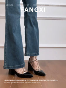 French Style Rivet Buckle Chunky Heels Platform Pumps Pointed Toe